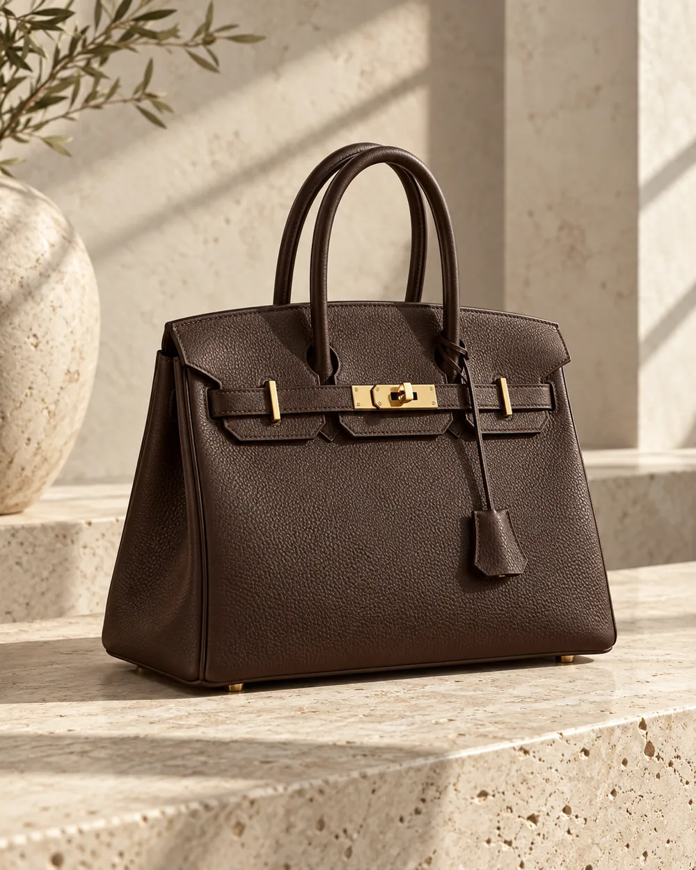 Chocolate leather structured handbag with gold hardware, editorial artwork