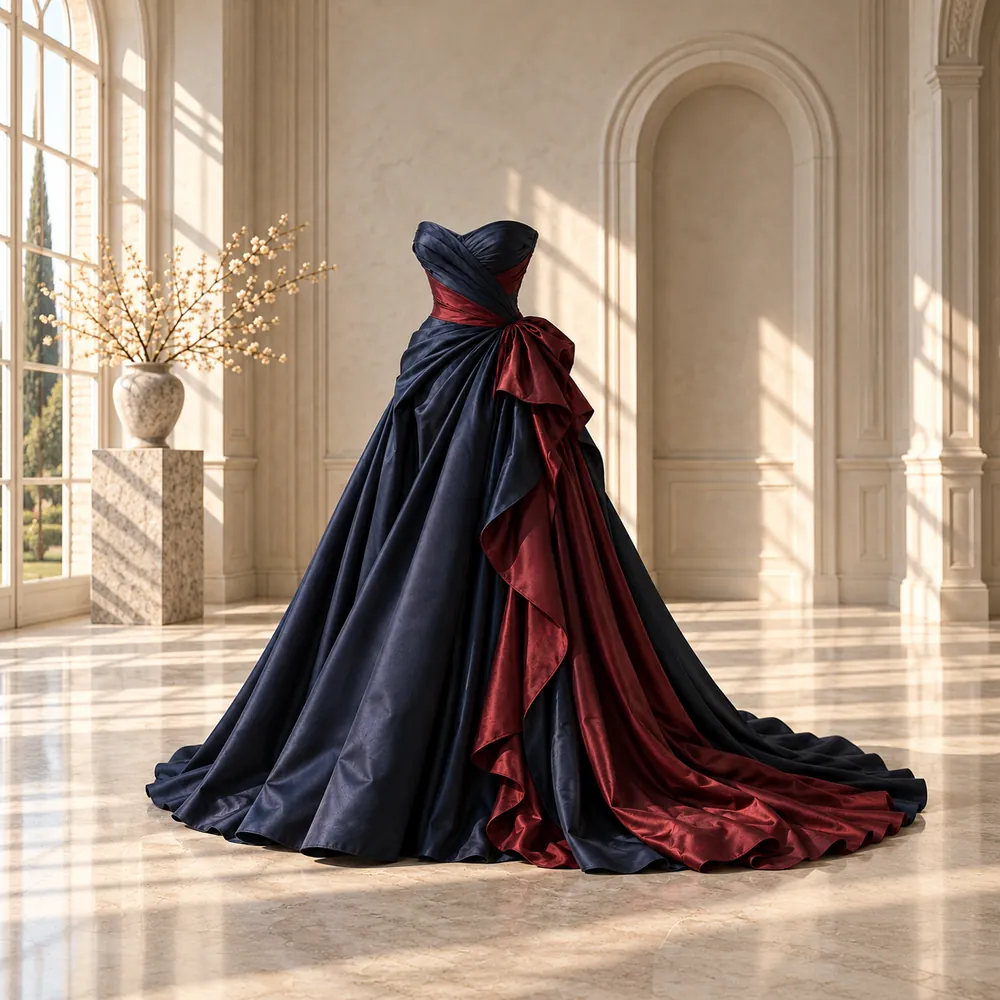 Midnight navy and burgundy couture evening gown, editorial artwork