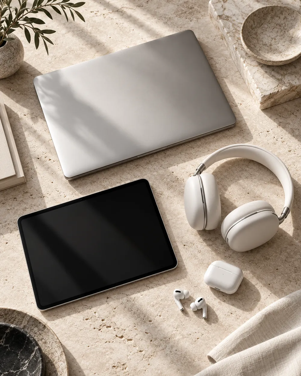Silver technology essentials arranged on ivory stone, editorial artwork