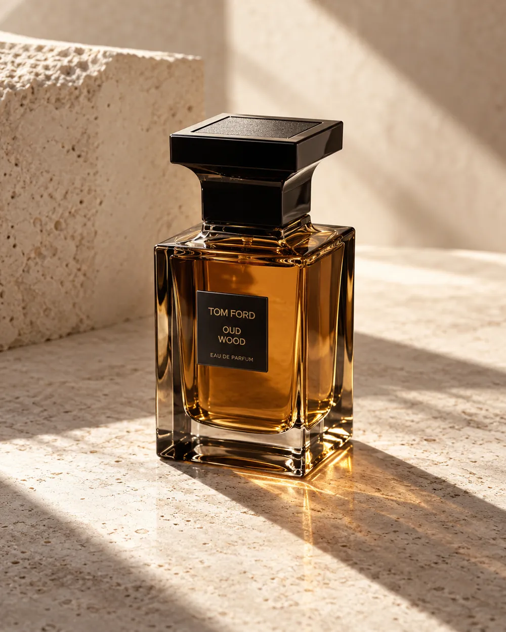 Amber fragrance bottle on sunlit limestone, editorial artwork