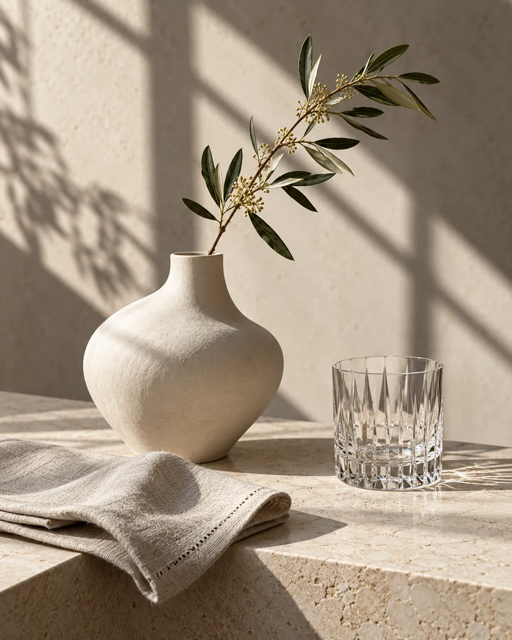 Sculptural ceramics, crystal and natural linen, editorial artwork